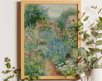 Vintage Flower Garden Print, Summer Landscape Painting, Farmhouse Decor