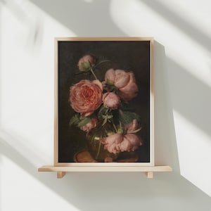 Moody Pink Peonies Painting, Peony Painting, Vintage Art Print, Flower Print, Dark Floral Print, Farmhouse Wall Decor, French Country Decor