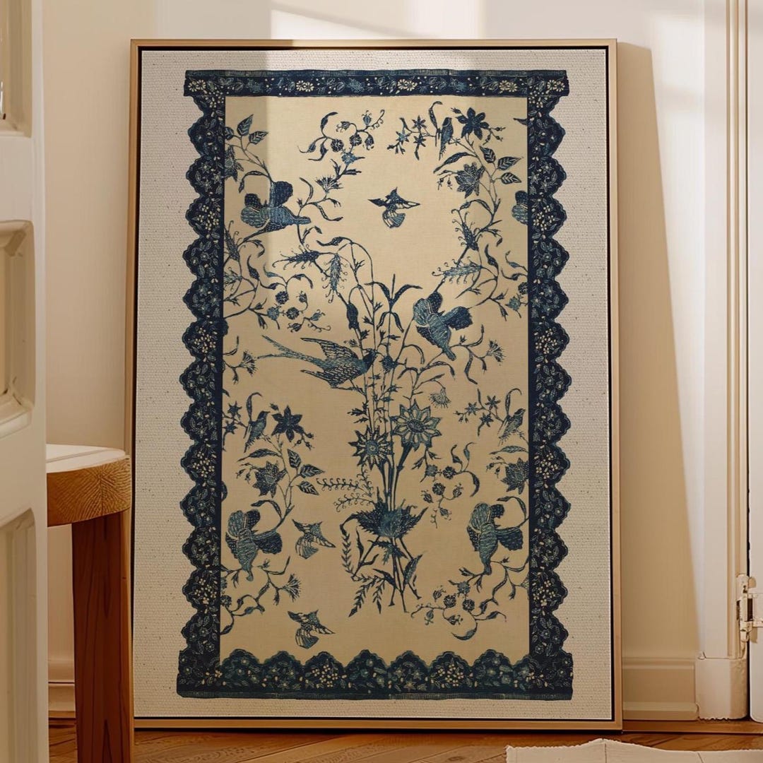 Chinoiserie Bird and Floral Wall Art Print, Vintage Blue Botanical ...