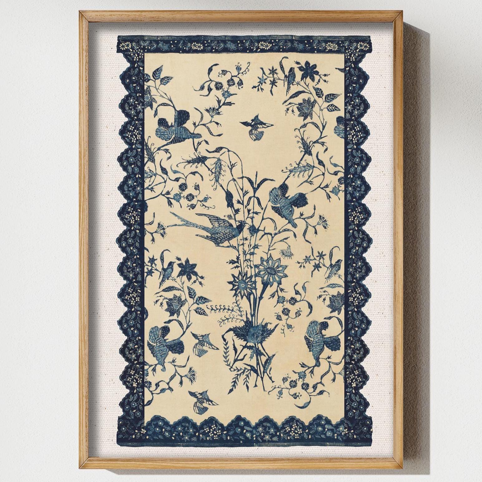 Chinoiserie Bird and Floral Wall Art Print, Vintage Blue Botanical ...