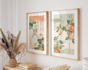 Japanese Botanical Art Prints: Bird and Flower Set, Sage Green Japandi Wall Decor