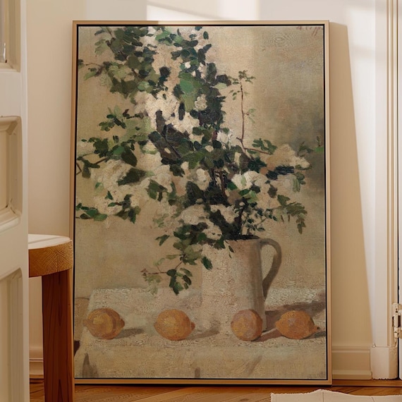 Vintage Flowers and Lemons Art Print Floral Citrus Still Life Wall Decor