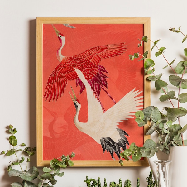 Art oiseau grue, impression d'oiseau japonais, illustration d'oiseau vintage, affiche de grue, art chinois, affiche japonaise vintage avec grue, art du Japon