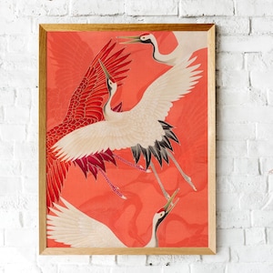 Red and white Japanese cranes in flight illustrated in a traditional Asian art style on a vibrant red background. Framed or unframed wall art.