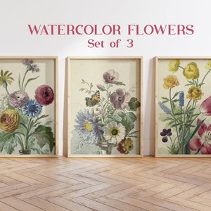 Watercolor Floral Prints Set of 3, Vintage Botanical Prints, Watercolor Art Prints, Flower Wall Art, Floral Artwork, Watercolor Flower Print