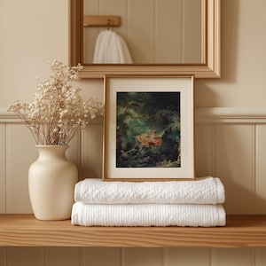 Fragonard The Swing French Rococo painting giclée print, small gold float frame white mat, displayed on folded white towels oak bathroom shelf, cream ceramic vase dried baby's breath gypsophila, elegant romantic bathroom wall art