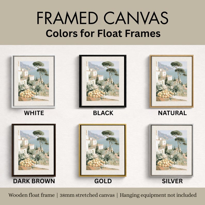 Framed canvas float frame color options chart for Amalfi Coast Italian art print — six frame color samples shown: white, black, natural wood, dark brown, gold, and silver — wooden float frame with 38mm stretched canvas, Amalfi lemon terrace print shown in each frame color