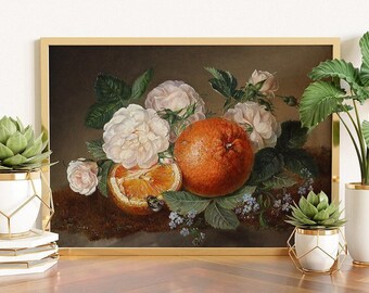 May include: A framed art print featuring a still life painting of a whole orange, a sliced orange half, and several pale pink roses with green leaves against a dark brown background. A small bee is visible on the sliced orange fruit.