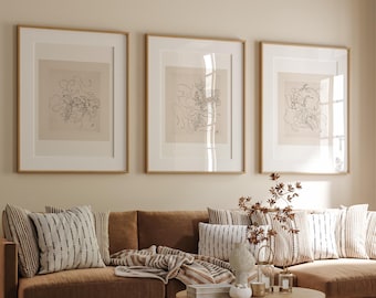 Neutral Floral Wall Art Prints Sketches Vintage European Set of 3 Wall Prints Antique Gallery Wall Prints Minimalist Art Neutral Wall Art