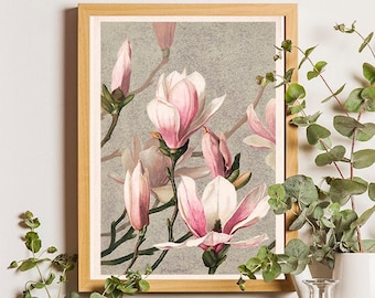 Vintage Magnolia, Botanical Print, Magnolia Print, Botanical Print, Pink Magnolia Art, Antique Floral Print, Farmhouse Decor, Gift for her