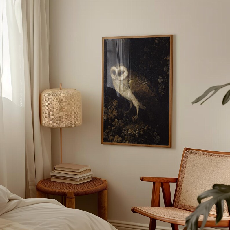 Antique painting of an owl by Moses Haughton featuring detailed feathers and a natural history illustration style.