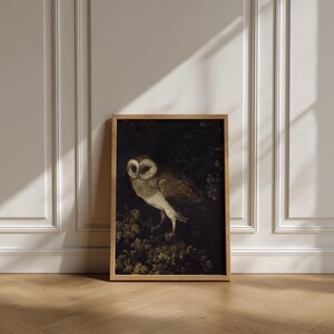 Antique painting of an owl by Moses Haughton featuring detailed feathers and a natural history illustration style.