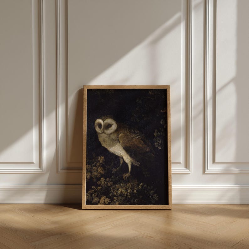 Antique painting of an owl by Moses Haughton featuring detailed feathers and a natural history illustration style.