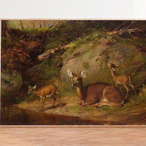 Impresión vintage de ciervo, cuadro de cierva y cervatillo, impresión por correo, decoración de pared de granja, cuadro antiguo de animales, cuadro de ciervo, arte de cabaña vintage