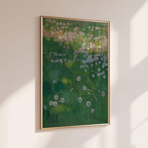 Vintage Dandelion Meadow Painting: Cottagecore Landscape Art Print