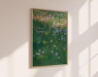 Vintage Dandelion Meadow Painting: Cottagecore Landscape Art Print