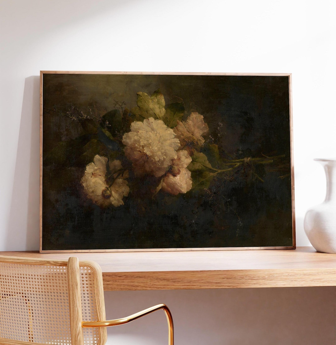 Moody Peony Floral Painting, Dark Vintage Still Life Art Print - Etsy