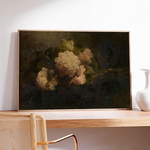 Moody Peony Floral Painting, Dark Vintage Still Life Art Print