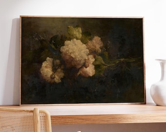 Moody Peony Floral Painting, Dark Vintage Still Life Art Print