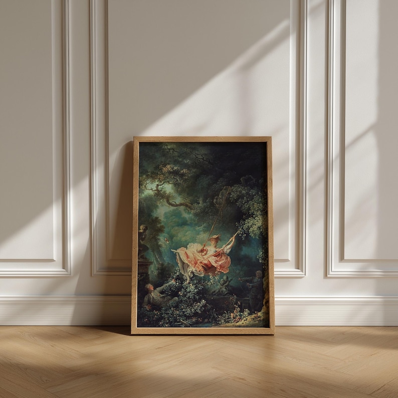Fragonard The Swing L'Escarpolette 1767 Rococo painting giclée print, natural oak wood float frame, leaning against white moulded Haussmann wall herringbone parquet floor, French country chateaucore romantic wall art