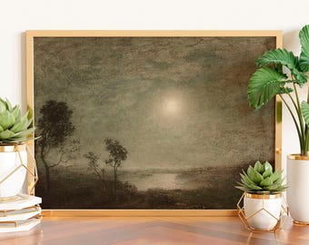 Antique Moonlight Landscape Painting Print: Moody Night Art
