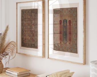 Vintage Persian Rug Wall Art Set of 2 – Antique Tapestry Print, Islamic Textile Wall Decor, Boho Rug Art, Printed Home Wall Hanging