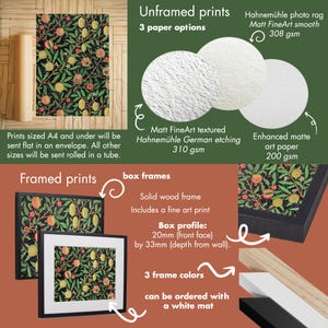 The image is a collage of various framed prints and unframed prints, including images of a floral print, a photo of a floral print, and a photo of a floral print. The collage provides information about the different print sizes and materials available, such as A4 and A3 sizes, Matt FineArt textures, and Matt Hahnemühle German etching. The collage also includes a box frame with a fine art print and a box profile, and the option to order prints with a white mat.