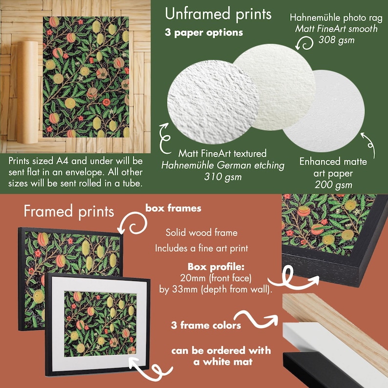 The image is a collage of various framed prints and unframed prints, including images of a floral print, a photo of a floral print, and a photo of a floral print. The collage provides information about the different print sizes and materials available, such as A4 and A3 sizes, Matt FineArt textures, and Matt Hahnemühle German etching. The collage also includes a box frame with a fine art print and a box profile, and the option to order prints with a white mat.
