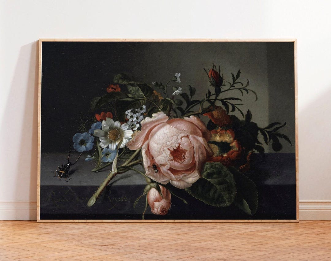 Vintage Rose Painting Print: Moody Floral Still Life Art - Etsy