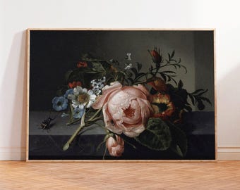 Vintage Rose Painting Print: Moody Floral Still Life Art