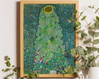 Gustav Klimt Sunflower Print, Vintage Botanical Wall Art, Green Floral Reproduction