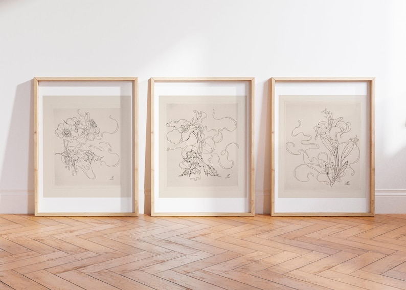 Neutral Botanical Prints Set: Beige Minimalist Line Art - Etsy