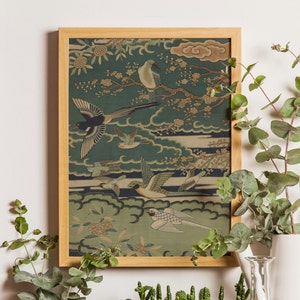 Birds Among Flowering Branches Against Clouds Print, Chinoiserie Art, Vintage Birds Print, Chinese Art, Vintage Chinese Tapestry Wall Art