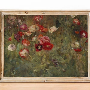 Letto di papaveri, dipinto di fiori d'epoca, stampa artistica floreale, dipinto di paesaggio, campo di fiori d'epoca, arredamento antico, stampa artistica di papaveri