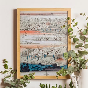 Panoramische Ansicht der Pflaumen-Aussichtspavillons von Kameido, Hiroshige Kunstwerk Ukiyo-e Japanischer Druck Japanische Wandkunst Vintage Plakat Geschenkidee