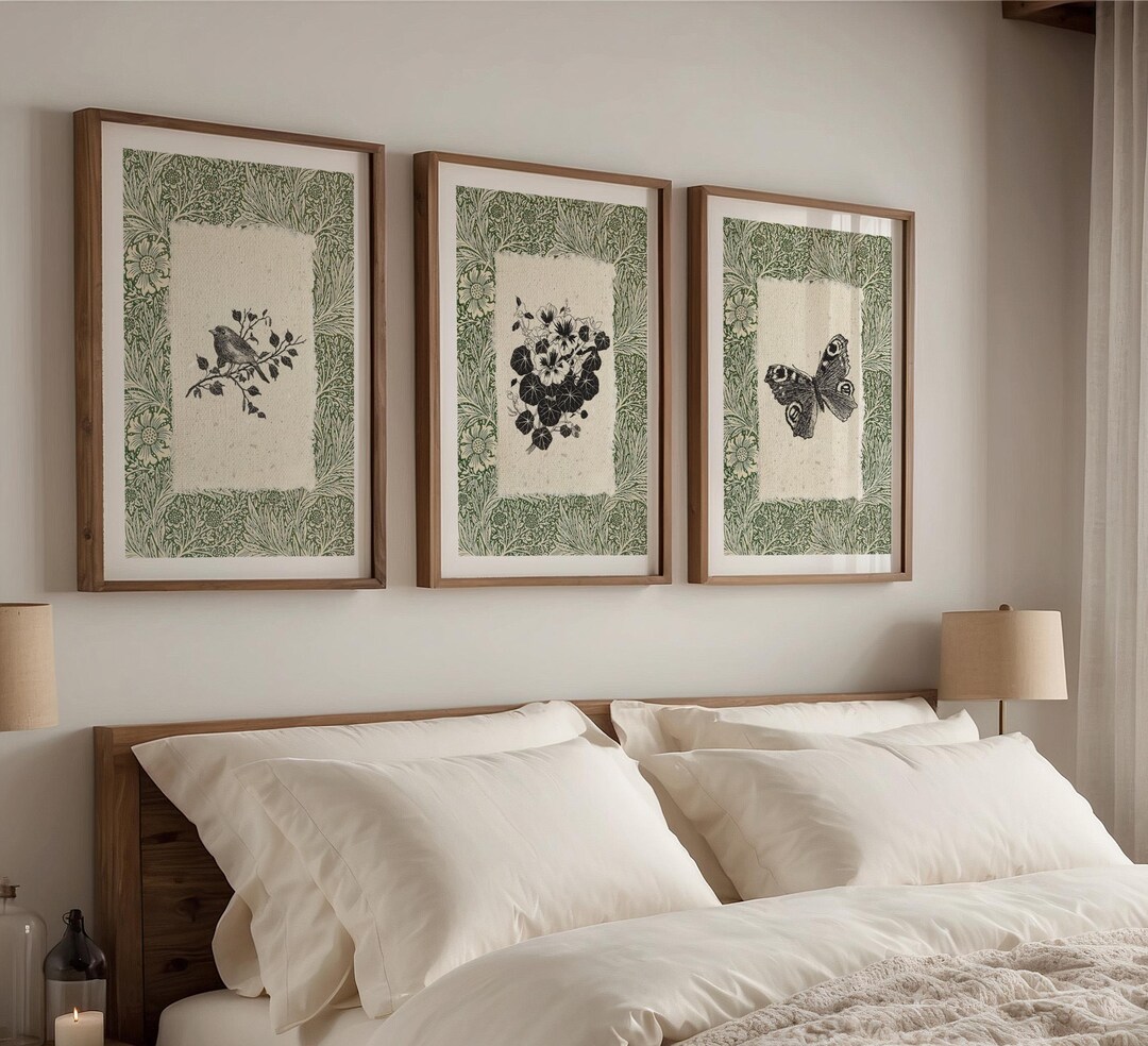 Vintage Botanical Wall Art Set of 3 Prints, Butterfly, Flowers, Bird ...