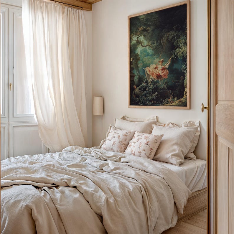 Fragonard The Swing L'Escarpolette French Rococo art print, natural oak wood frame, hung above cream linen bed floral pink blossom cushions sheer curtain French moulded wardrobe, chateaucore romantic French country bedroom wall decor