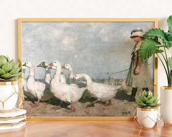 Vintage Geese Print, Farmhouse Nursery Decor, Country Painting