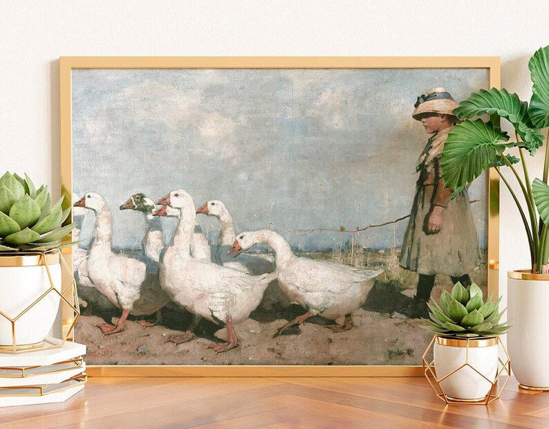 Vintage Geese Print, Farmhouse Nursery Decor, Country Painting image 1