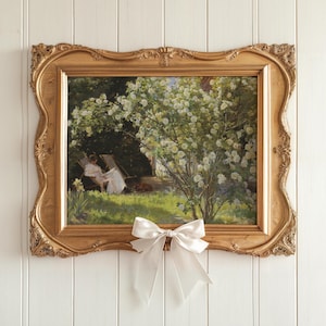 Stampa floreale di donna che legge, dipinto a olio antico, stampa spedita, dipinto vintage, stampa di rose bianche, decorazione da parete in stile fattoria, arte sopra il letto