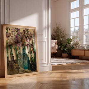 Close-up view of a vintage floral art print reproduction showing fine details of Frederick Judd Waugh’s 1922 Rum Row painting. The image highlights the rich texture, soft color transitions, and painterly quality of the floral still life, printed with archival inks on high-quality paper for long-lasting wall decor.