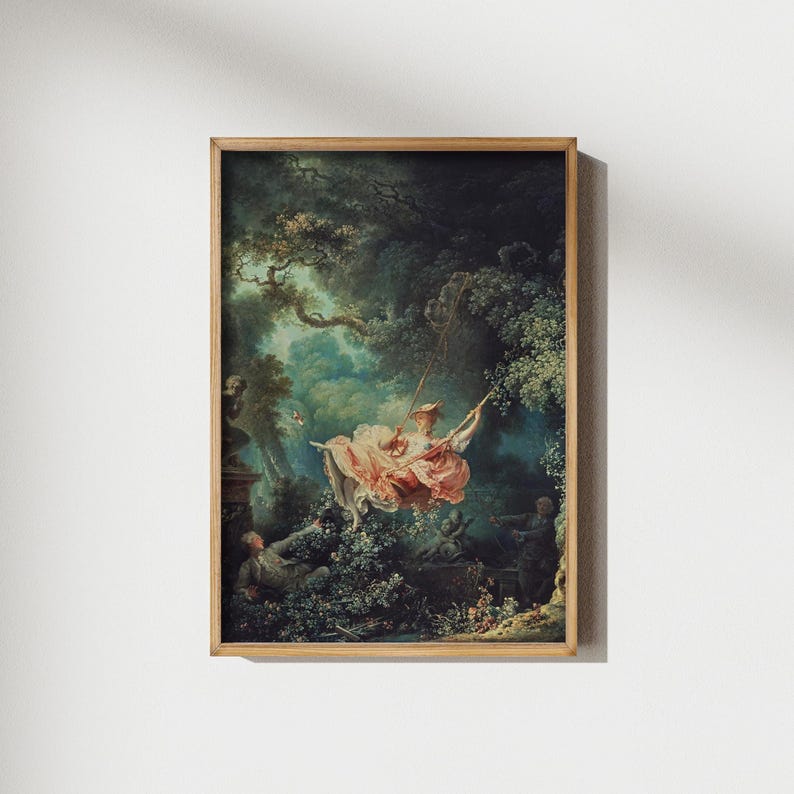 Fragonard The Swing L'Escarpolette 1767 Rococo painting, natural oak float frame, clean white background product shot showing full painting detail, pink silk dress woman garden swing cherub figures, Jean-Honoré Fragonard giclée canvas art