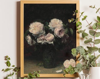 May include: A framed wall art print featuring an oil painting of a bouquet of pale pink and white roses in a dark glass vase. The flowers are set against a deep, dark background, with one loose petal resting on the surface near the vase.