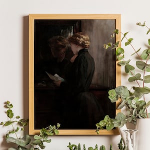 Dark Vintage Portrait Painting, Love Letter Print, Moody Portrait Woman Painting, Vintage Dark Academia Woman Art, Victorian Woman Portrait
