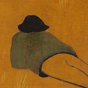 Breton countryside artwork with grazing cows and resting figure