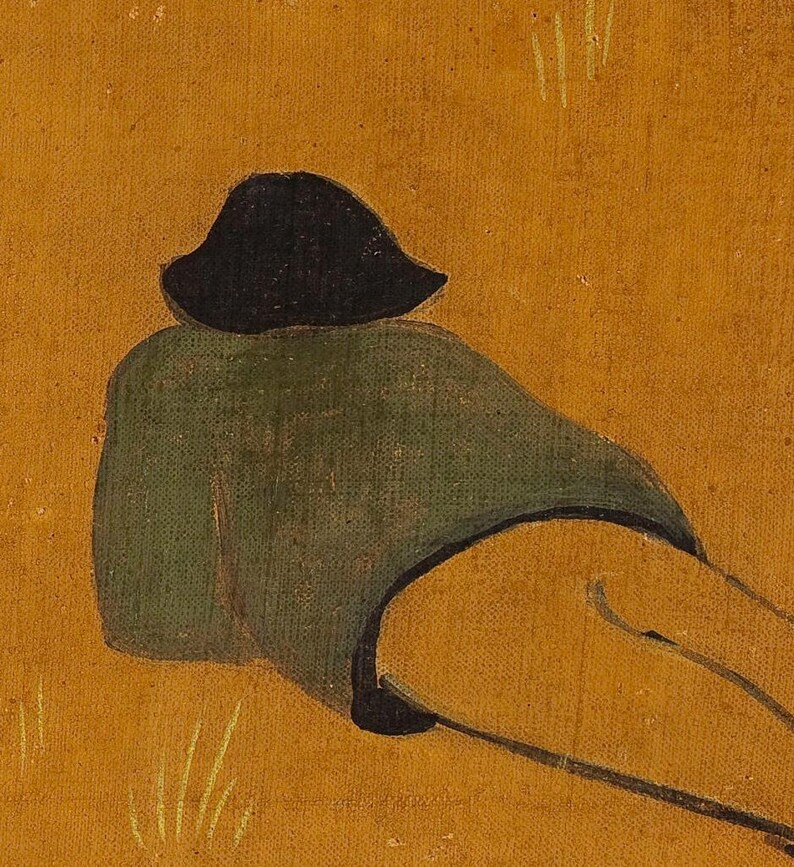 Breton countryside artwork with grazing cows and resting figure
