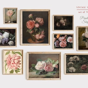 Peony Print Set of 9, Peony Wall Decor, Vintage Botanical Print, Vintage Peony Flower Prints, Bedroom Wall Decor, Pink Flower Print, Peonies