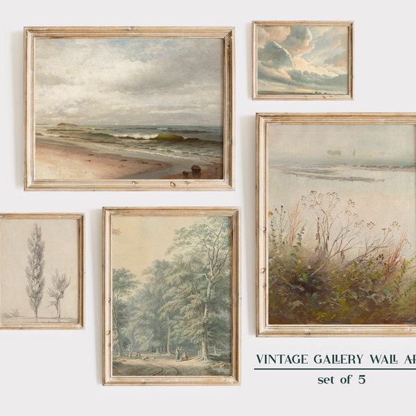 Gallery Wall Art Set, Set of 5, Vintage Paintings, Neutral Wall Art, Landscape, Tree sketch, Clouds, Vintage Rustic Gallery, Farmhouse Decor