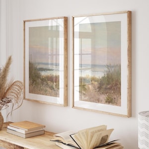 Coastal Print Set, Vintage Beach Grass Painting, Neutral Seascape Art