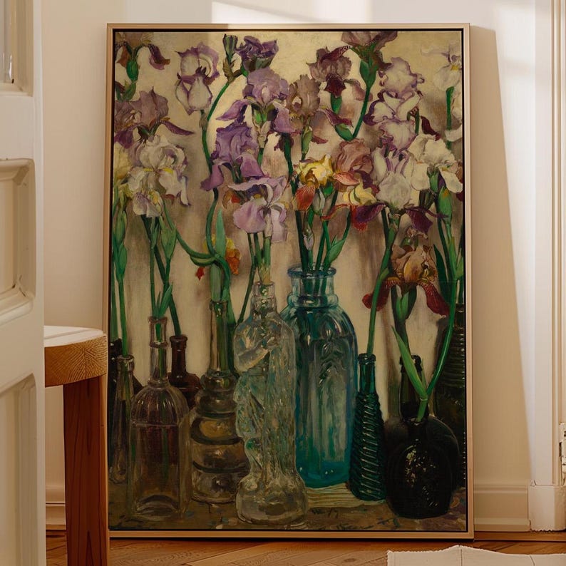Close-up view of a vintage floral art print reproduction showing fine details of Frederick Judd Waugh’s 1922 Rum Row painting. The image highlights the rich texture, soft color transitions, and painterly quality of the floral still life, printed with archival inks on high-quality paper for long-lasting wall decor.